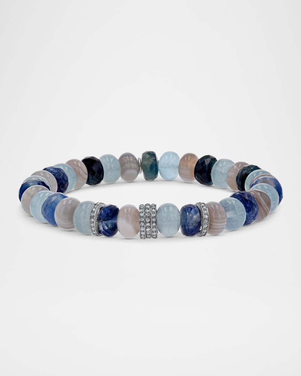 Blue and Grey Mix Bead Bracelet with Diamond Rondelles
